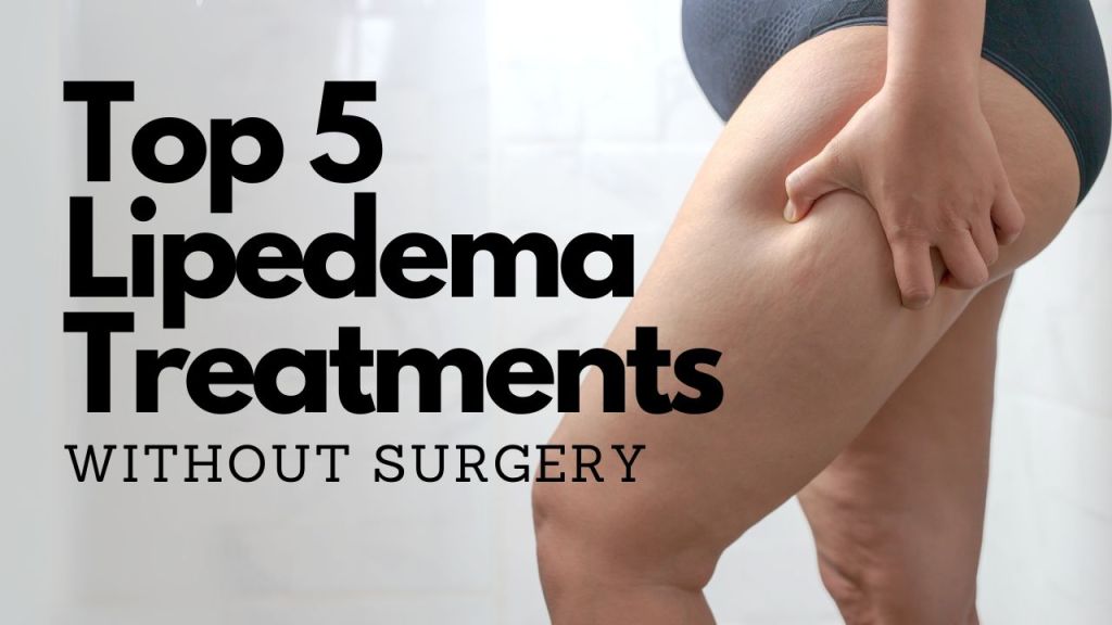 A woman with lipedema squeezes her bare thigh.