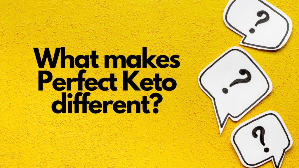 Cut outs of question bubbles on top of a bright yellow background with the heading "What makes Perfect Keto different?"